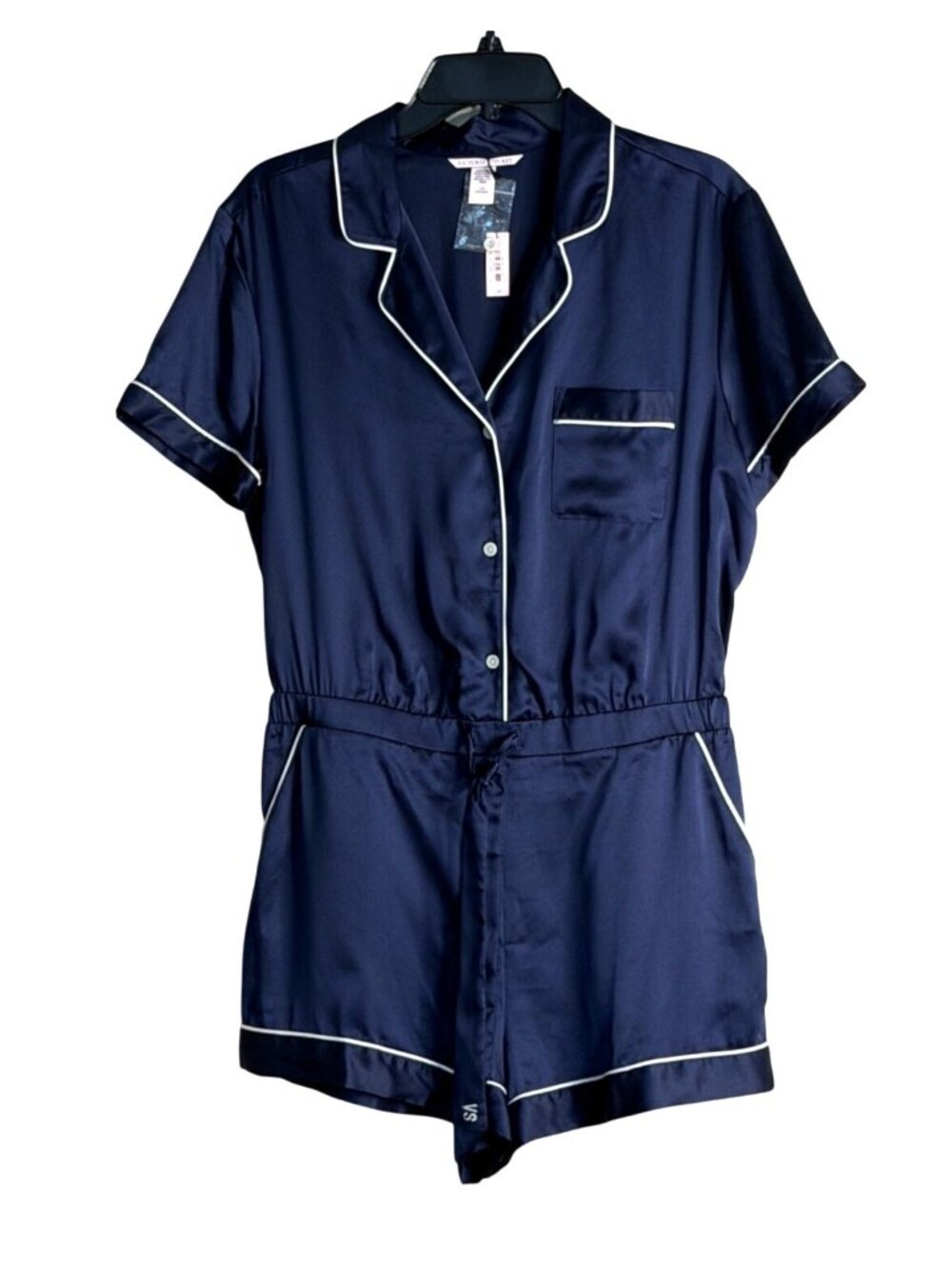 Victoria's Secret Women's Pajama Satin Navy White Trim Romper Size Large NWT